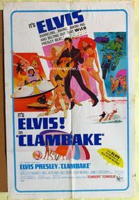 3r158 CLAMBAKE one-sheet '67 cool art of Elvis Presley in speed boat with sexy babes, rock & roll!