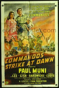 3r176 COMMANDOS STRIKE AT DAWN style A 1sheet '42 Paul Muni, Anna Lee, Lillian Gish, cool WWII art!