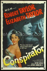 3r181 CONSPIRATOR one-sheet '49 art of English spy Robert Taylor & sexy young Elizabeth Taylor!