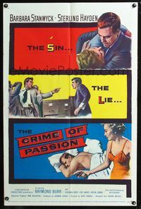 3r191 CRIME OF PASSION one-sheet '57 sexy Barbara Stanwyck reaches for gun to shoot Sterling Hayden!