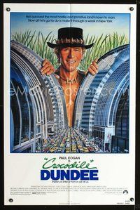 3r194 CROCODILE DUNDEE 1sh '86 cool art of Paul Hogan looming over New York City by Daniel Gouzee!