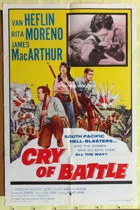 3r198 CRY OF BATTLE one-sheet '63 Van Heflin, Rita Moreno & James MacArthur in the South Pacific!
