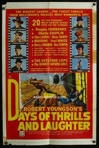 3r215 DAYS OF THRILLS & LAUGHTER 1sheet '61 Charlie Chaplin, Laurel & Hardy, cool train chase art!