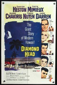 3r235 DIAMOND HEAD one-sheet '62 Charlton Heston, Yvette Mimieux, Howard Terpning art of Hawaii!