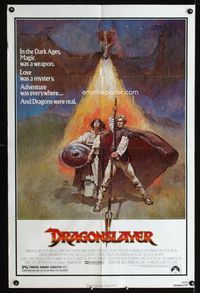 3r262 DRAGONSLAYER one-sheet '81 cool Jeff Jones fantasy artwork of Peter MacNicol w/spear, dragon!