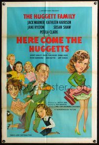 3r432 HERE COME THE HUGGETTS English 1sheet '48 family is sad when Jack Warner eyes sexy Diana Dors!