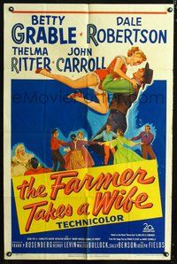 3r297 FARMER TAKES A WIFE one-sheet '53 great art of Betty Grable being held by Dale Robertson!