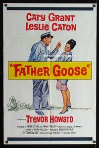 3r299 FATHER GOOSE one-sheet '65 art of sea captain Cary Grant yelling at pretty Leslie Caron!