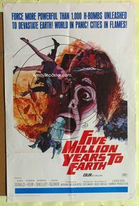 3r326 FIVE MILLION YEARS TO EARTH 1sheet '67 cities in flames, world panic spreads, art by Gerald Allison!