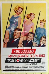3r340 FOR LOVE OR MONEY one-sheet '63 smiling Kirk Douglas w/Mitzi Gaynor, Thelma Ritter, Newmar!