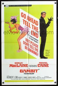 3r361 GAMBIT one-sheet poster '67 art of sexy Shirley MacLaine & Michael Caine preparing for crime!