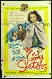 3r367 GAY SISTERS one-sheet movie poster '42 sexy half-length image of bad sister Barbara Stanwyck!