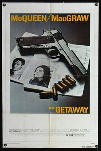 3r373 GETAWAY one-sheet movie poster '72 Steve McQueen, Ali McGraw, Sam Peckinpah, cool gun image!