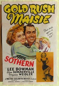 3r380 GOLD RUSH MAISIE 1sheet '40 great close up art of Ann Sothern with Lee Bowman + full-length!