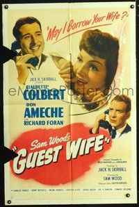 3r399 GUEST WIFE one-sheet poster '45 Don Ameche asks Dick Foran if he can borrow Claudette Colbert!
