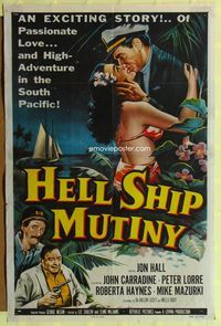 3r428 HELL SHIP MUTINY 1sheet '57 Jon Hall kisses tropical bikini babe, John Carradine, Peter Lorre