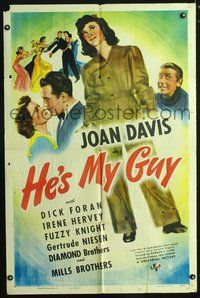 3r435 HE'S MY GUY one-sheet movie poster '40 Joan Davis works in a World War II defense plant!