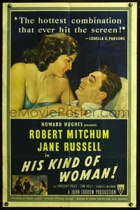 3r440 HIS KIND OF WOMAN one-sheet '51 Robert Mitchum, sexy Jane Russell, presented by Howard Hughes!