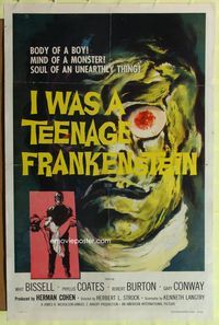 3r469 I WAS A TEENAGE FRANKENSTEIN 1sheet '57 wonderful close up art of monster + holding sexy girl!