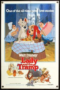 3r519 LADY & THE TRAMP one-sheet R80 Walt Disney romantic canine classic cartoon, spaghetti scene!
