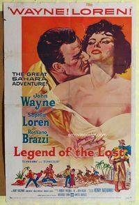 3r532 LEGEND OF THE LOST 1sheet '57 romantic art of John Wayne tangling with sexiest Sophia Loren!
