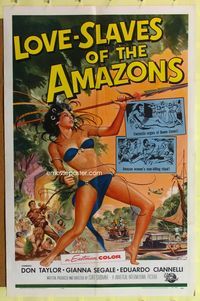 3r554 LOVE-SLAVES OF THE AMAZONS 1sheet '57 art of sexy barely-dressed female native throwing spear!