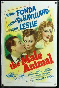 3r569 MALE ANIMAL one-sheet '42 art of Henry Fonda with pretty Olivia de Havilland & Joan Leslie!