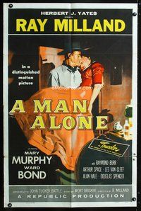 3r571 MAN ALONE style A one-sheet '55 art of star & director Ray Milland carrying Mary Murphy!