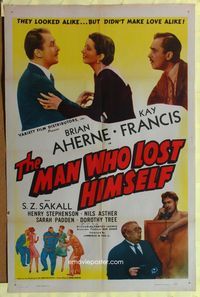 3r574 MAN WHO LOST HIMSELF 1sheet R40s Kay Francis can tell Brian Aherne's double isn't her husband!