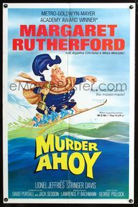 3r609 MURDER AHOY one-sheet '64 funny art of Margaret Rutherford water skiing one-handed w/Oscar!