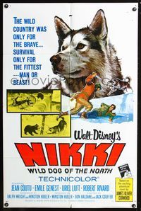 3r629 NIKKI one-sheet movie poster '61 Walt Disney, James Oliver Curwood, cool art of man & his dog!