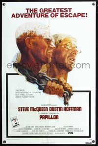3r660 PAPILLON one-sheet movie poster '73 great art of Steve McQueen & Dustin Hoffman by Tom Jung!
