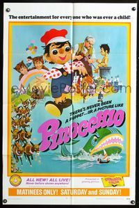 3r674 PINOCCHIO one-sheet movie poster '69 German live action, cool artwork of famous scenes!