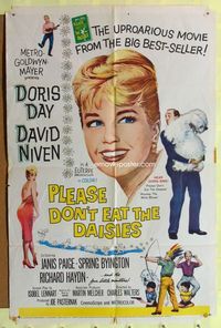 3r677 PLEASE DON'T EAT THE DAISIES 1sh '60 artwork of pretty smiling Doris Day, David Niven w/dog!