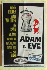 3r688 PRIVATE LIVES OF ADAM & EVE 1sh '60 wacky art of sexy Mamie Van Doren & devil Mickey Rooney!
