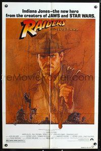 3r696 RAIDERS OF THE LOST ARK one-sheet poster '81 great artwork of Harrison Ford by Richard Amsel!