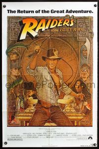 3r697 RAIDERS OF THE LOST ARK one-sheet poster R82 great artwork of Harrison Ford by Richard Amsel!