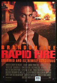 3r702 RAPID FIRE int'l DS style B one-sheet '92 close-up of Brandon Lee, great fiery action image!