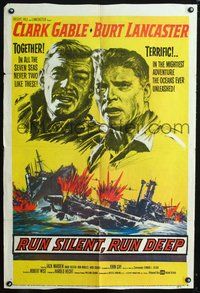 3r742 RUN SILENT, RUN DEEP one-sheet poster '58 Clark Gable & Burt Lancaster in military submarine!