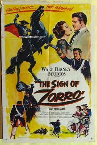 3r780 SIGN OF ZORRO one-sheet '60Walt Disney, cool romantic action art of masked hero Guy Williams!