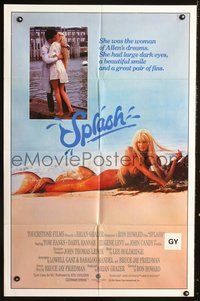 3r812 SPLASH int'l one-sheet '84 Tom Hanks, great image of sexy mermaid Daryl Hannah on the beach!