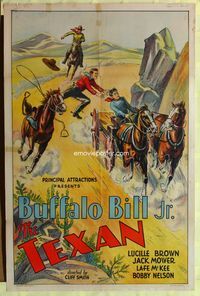 3r869 TEXAN one-sheet poster '32 cool stone litho of Jay Wilsey as Buffalo Bill Jr. saving the day!