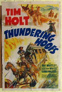 3r891 THUNDERING HOOFS one-sheet poster '41 cool art of cowboy Tim Holt on horse chasing stagecoach!