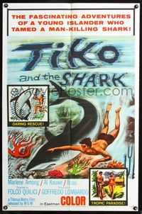 3r894 TIKO & THE SHARK one-sheet movie poster '63 man tames killer, cool swimming with shark image!