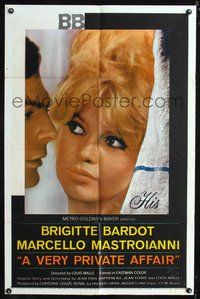 3r942 VERY PRIVATE AFFAIR one-sheet '62 Vie Privee, great portrait image of sexiest Brigitte Bardot!