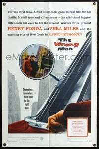 3r990 WRONG MAN one-sheet '57 Henry Fonda, Vera Miles, Alfred Hitchcock, cool rear view mirror art!