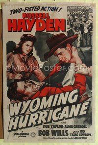 3r991 WYOMING HURRICANE 1sheet '43 cool art of cowboy Russell Hayden fighting as girl w/gun watches!