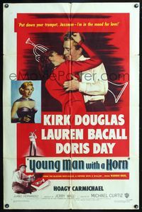 3r995 YOUNG MAN WITH A HORN 1sheet '50 jazz man Kirk Douglas kisses sexy Lauren Bacall + Doris Day!
