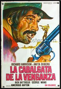 3t637 DEADLY TRACKERS Argentinean '73 close up art of Richard Harris w/gun, written by Sam Fuller!