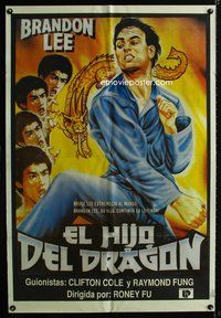 3t706 LEGACY OF RAGE Argentinean poster '86 cool artwork of multiple Bruce & Brandon Lee + dragon!